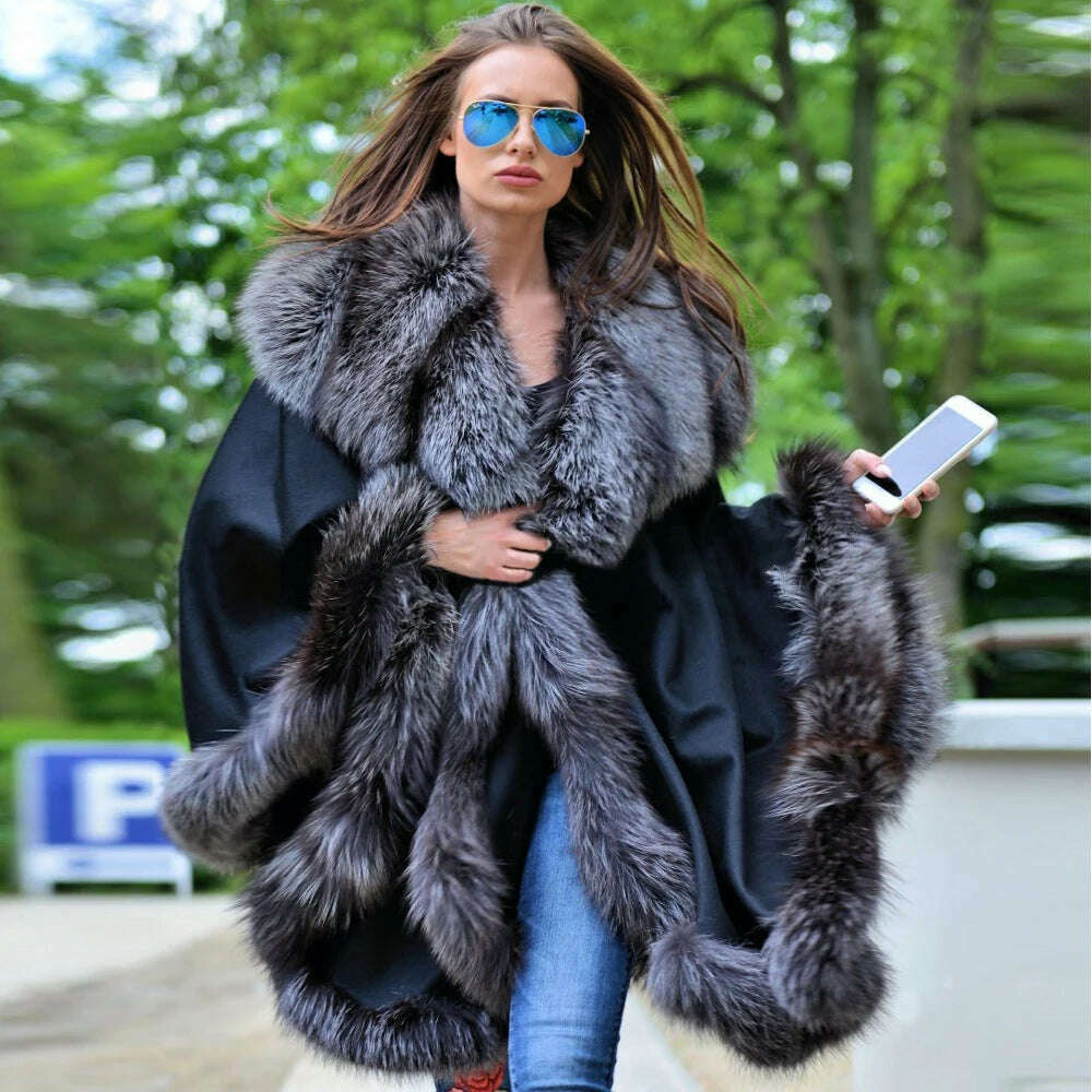KIMLUD, Women Fashion Cashmere Capes with Silver Fox Fur Collar Natural Woman Fox Fur Wool Blends Capes Female Winter Overcoats Luxury, KIMLUD Women's Clothes