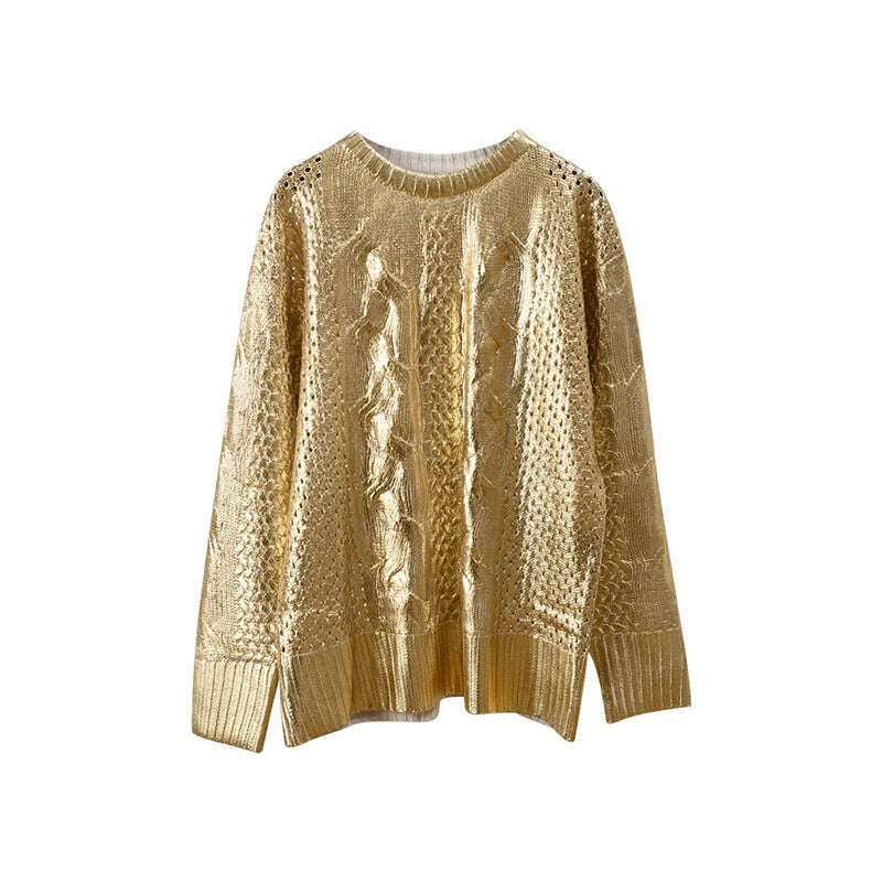 KIMLUD, Women Fashion Golden Ribbing Knitted Sweaters Round Neck Long Sleeved Spliced Jumper Tops Chic Female Thick Warm Pullover 2023, KIMLUD Womens Clothes