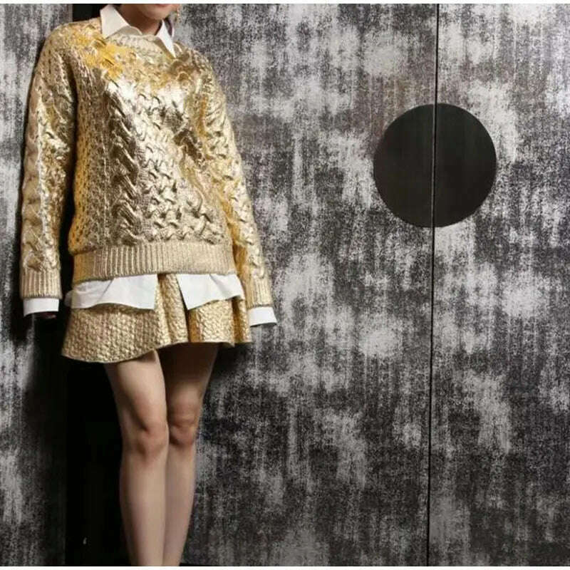 KIMLUD, Women Fashion Golden Ribbing Knitted Sweaters Round Neck Long Sleeved Spliced Jumper Tops Chic Female Thick Warm Pullover 2023, KIMLUD Womens Clothes