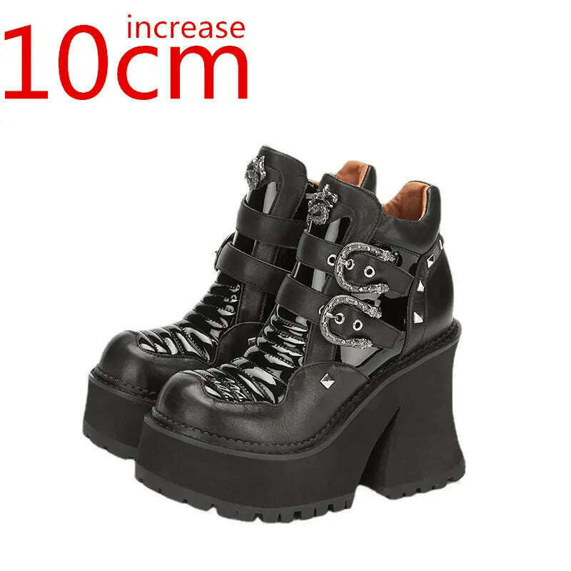 KIMLUD, Women Fashion Metal Buckle Black Classic Boots 10cm Thick Heel Side Zipper High Heel Short Style Trend Heightening Boots Women's, Black / 35, KIMLUD APPAREL - Womens Clothes