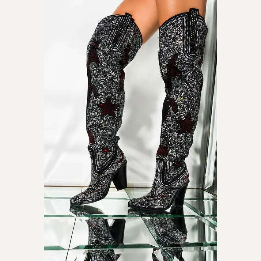 KIMLUD, women fashion over the knee boots Luxurious Crystal Rhinestone Studded Mid Calf Boots Chunky Heels Pointy Shoes Women 2020, KIMLUD Womens Clothes