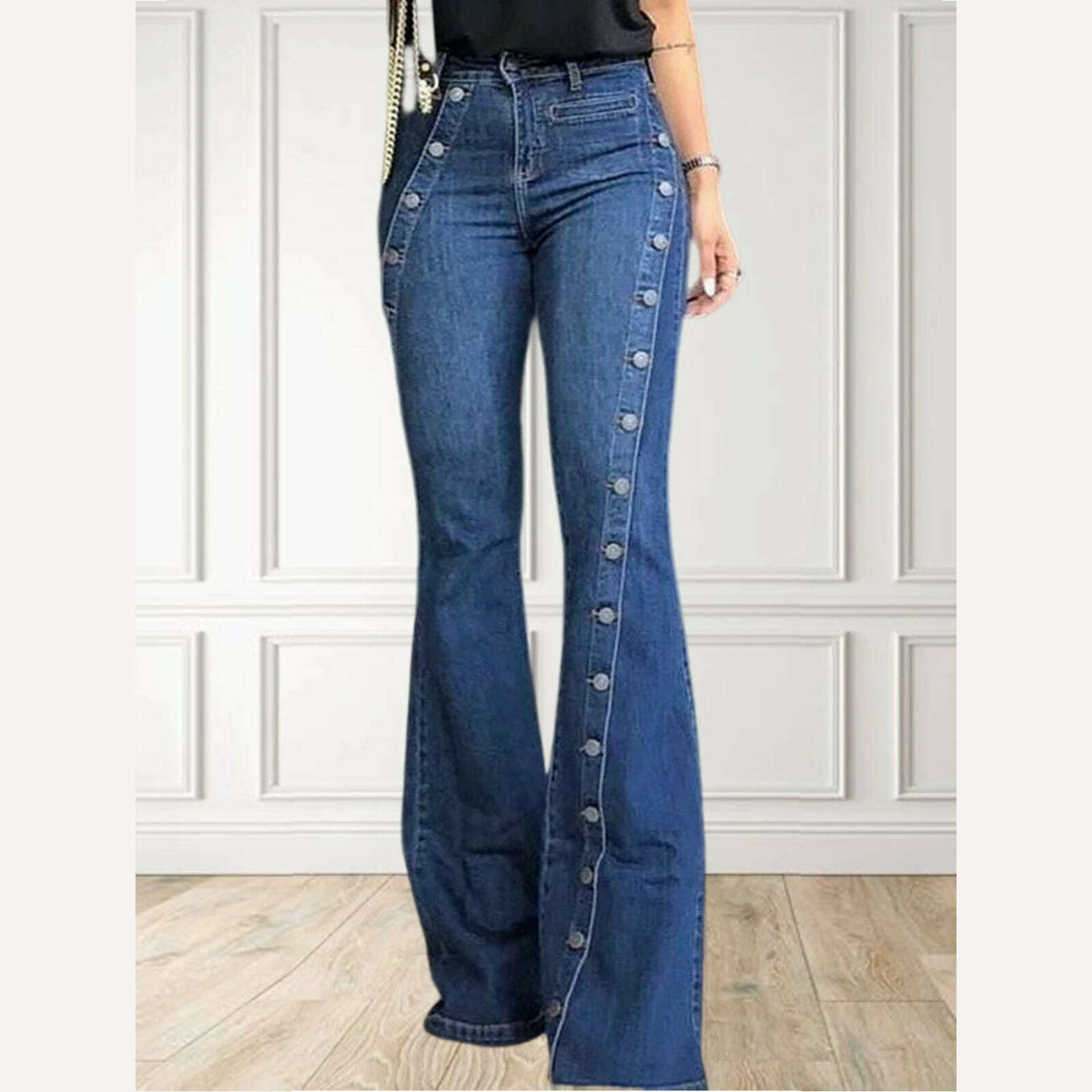 KIMLUD, Women Fashion Plain Button Decor Flare Leg Long Denim Pants Flare Jeans Jeans Ladies High Waist Skinny bottom Wide Leg  Jeans, KIMLUD Womens Clothes
