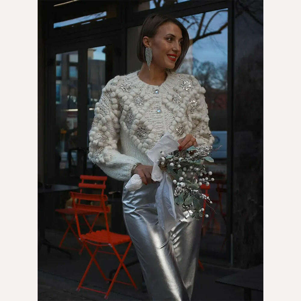 KIMLUD, Women Fashion Sequin Knitted 3d Ball White Cardigan Elegant O Neck Long Sleeve Pullover Female Single Breasted Office Sweater, WHITE / S, KIMLUD APPAREL - Womens Clothes
