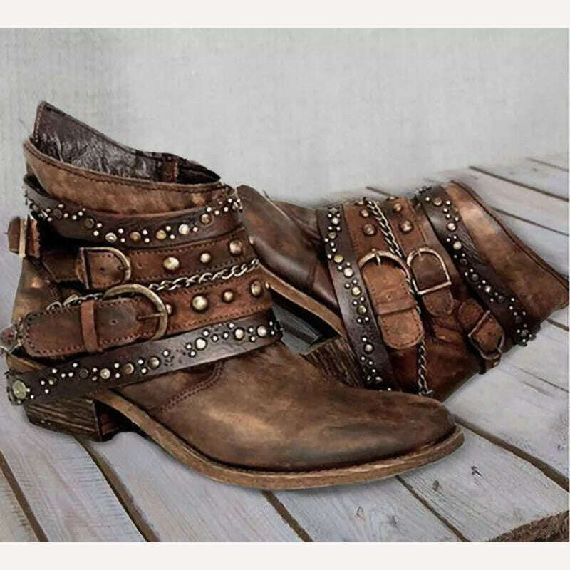 KIMLUD, Women Fashion Vintage Mid Calf Boots Soft Leather Shoes Female Autumn Winter Motorcycle Boots Comfortable Botas Zapatos De Mujer, Brown / 35, KIMLUD APPAREL - Womens Clothes