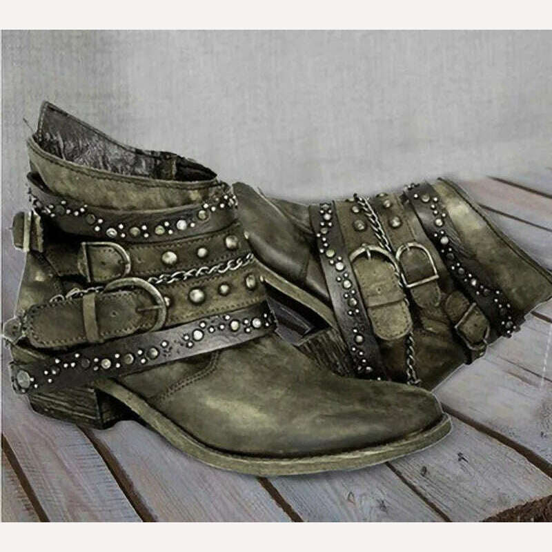 KIMLUD, Women Fashion Vintage Mid Calf Boots Soft Leather Shoes Female Autumn Winter Motorcycle Boots Comfortable Botas Zapatos De Mujer, green / 35, KIMLUD Women's Clothes