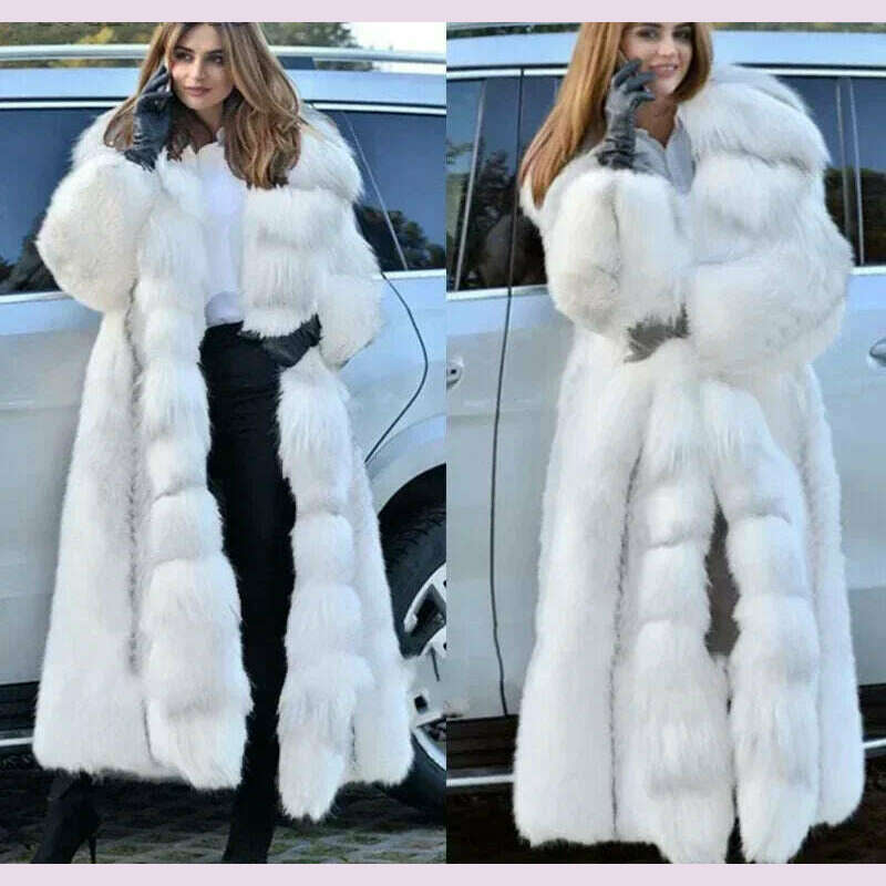 KIMLUD, Women Faux Fur Coat Winterf Fashion Warm X-Long Large Size Coats Solid Hooded Loose Open Stitch 5XL New 2024 Elegant Clothing, KIMLUD Womens Clothes