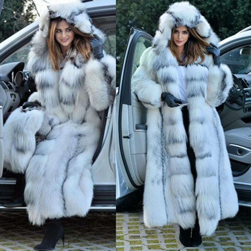 KIMLUD, Women Faux Fur Coat Winterf Fashion Warm X-Long Large Size Coats Solid Hooded Loose Open Stitch 5XL New 2024 Elegant Clothing, KIMLUD Womens Clothes
