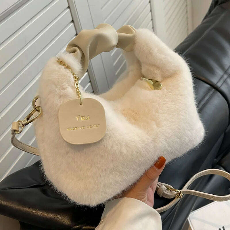 Women Faux Fur Handbags Zipper Small Lady Shoulder Crossbody Bag Casual Tote Half-Moon Hobos Winder - KIMLUD