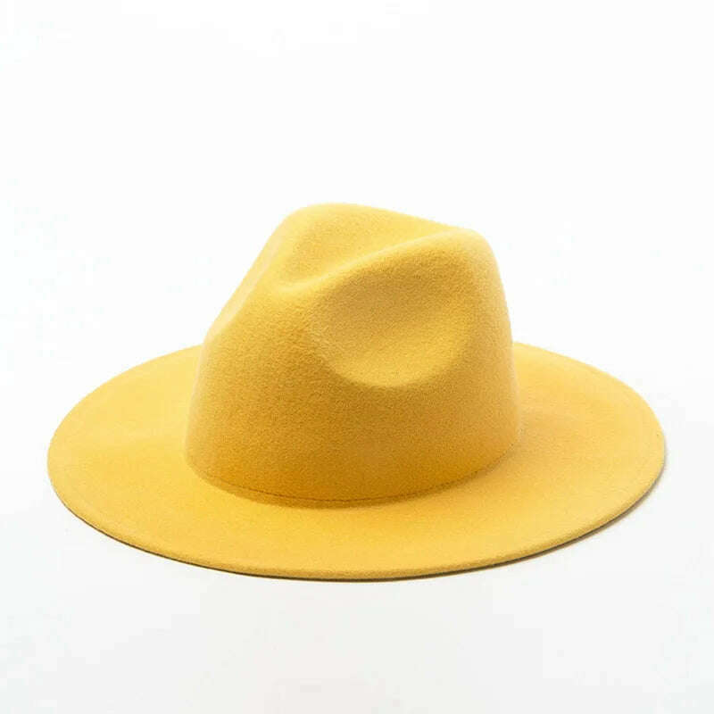 KIMLUD, Women Fedora Hat 100% Wool Wide Brim Felt Hats Winter Trilby Cap Crushable Pork Pie Hat Ladies Floppy Church Wedding Hat Base, Yellow, KIMLUD Womens Clothes