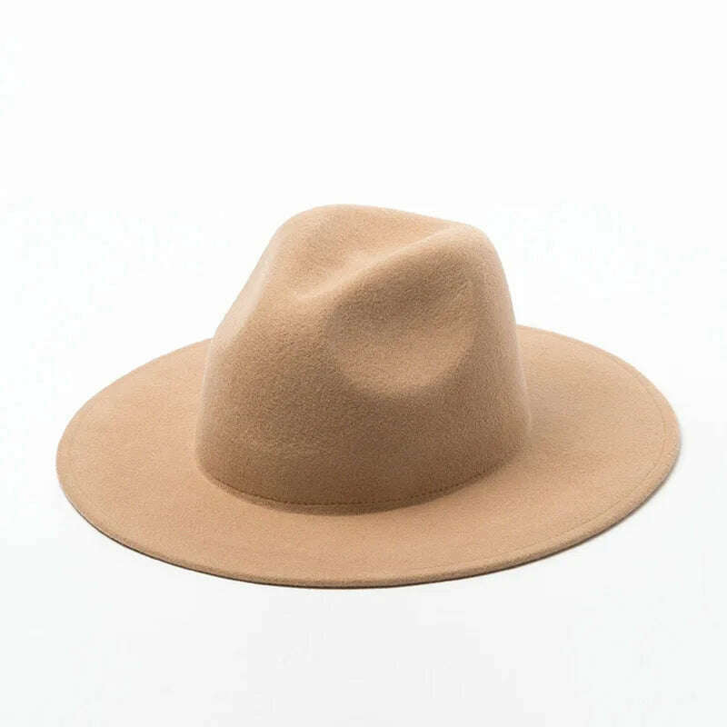 KIMLUD, Women Fedora Hat 100% Wool Wide Brim Felt Hats Winter Trilby Cap Crushable Pork Pie Hat Ladies Floppy Church Wedding Hat Base, Camel, KIMLUD Womens Clothes