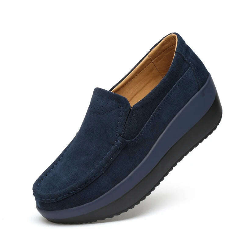 KIMLUD, Women Flat Platform Loafers Ladies Elegant Suede Leather Moccasins Shoes Woman Slip On Moccasin Women's Blue Casual Shoes, KIMLUD Womens Clothes