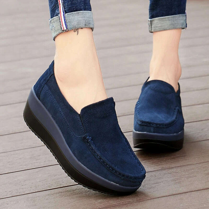 KIMLUD, Women Flat Platform Loafers Ladies Elegant Suede Leather Moccasins Shoes Woman Slip On Moccasin Women's Blue Casual Shoes, KIMLUD Womens Clothes