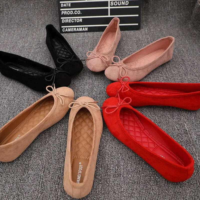 Women Flats Slip on Flat Shoes Round Toe Shallow Butterfly-knot Ballerina Slip on Loafers Faux Suede Lady Ballet Plus Size 35-41 - KIMLUD