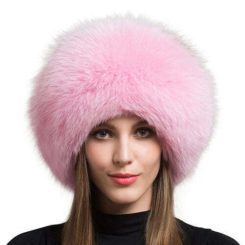 KIMLUD, Women Fur Hat Winter Warm 100% Real Fox Fur Caps Russian Cossack Style Hat For Ladies Fashion Winter Ear Flap Hats Snow Caps, Pink / 53-60cm, KIMLUD Women's Clothes