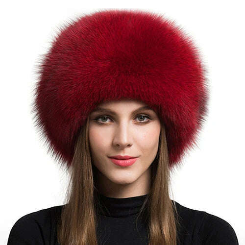 KIMLUD, Women Fur Hat Winter Warm 100% Real Fox Fur Caps Russian Cossack Style Hat For Ladies Fashion Winter Ear Flap Hats Snow Caps, Red / 53-60cm, KIMLUD Womens Clothes