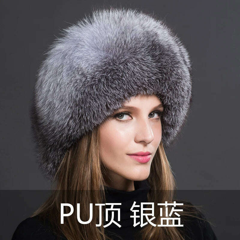 KIMLUD, Women Fur Hat Winter Warm 100% Real Fox Fur Caps Russian Cossack Style Hat For Ladies Fashion Winter Ear Flap Hats Snow Caps, Sliver fox / 53-60cm, KIMLUD Women's Clothes