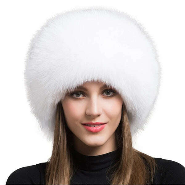 KIMLUD, Women Fur Hat Winter Warm 100% Real Fox Fur Caps Russian Cossack Style Hat For Ladies Fashion Winter Ear Flap Hats Snow Caps, White / 53-60cm, KIMLUD Women's Clothes