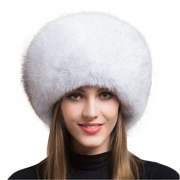 KIMLUD, Women Fur Hat Winter Warm 100% Real Fox Fur Caps Russian Cossack Style Hat For Ladies Fashion Winter Ear Flap Hats Snow Caps, Natural fox / 53-60cm, KIMLUD Women's Clothes
