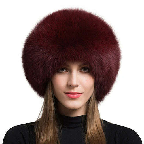 KIMLUD, Women Fur Hat Winter Warm 100% Real Fox Fur Caps Russian Cossack Style Hat For Ladies Fashion Winter Ear Flap Hats Snow Caps, Red Wine / 53-60cm, KIMLUD Womens Clothes