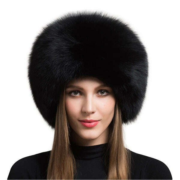 KIMLUD, Women Fur Hat Winter Warm 100% Real Fox Fur Caps Russian Cossack Style Hat For Ladies Fashion Winter Ear Flap Hats Snow Caps, Black / 53-60cm, KIMLUD Women's Clothes
