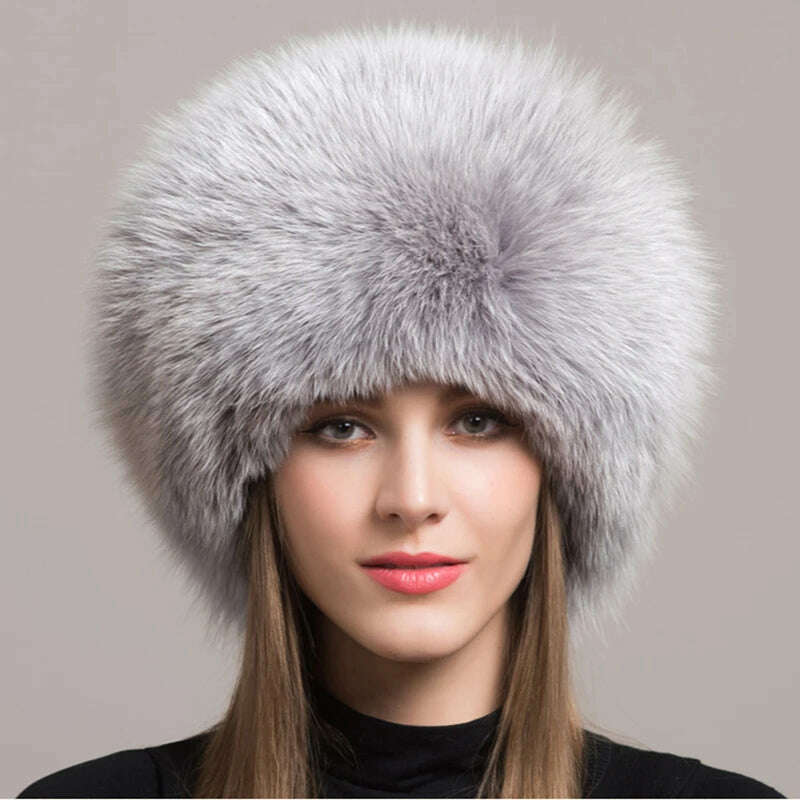 KIMLUD, Women Fur Hat Winter Warm 100% Real Fox Fur Caps Russian Cossack Style Hat For Ladies Fashion Winter Ear Flap Hats Snow Caps, Gray / 53-60cm, KIMLUD Women's Clothes