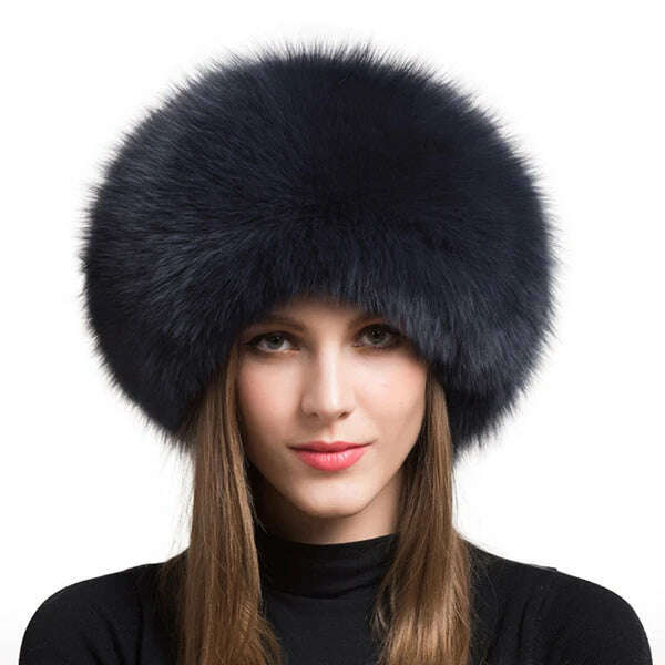 KIMLUD, Women Fur Hat Winter Warm 100% Real Fox Fur Caps Russian Cossack Style Hat For Ladies Fashion Winter Ear Flap Hats Snow Caps, Stone Blue / 53-60cm, KIMLUD Women's Clothes