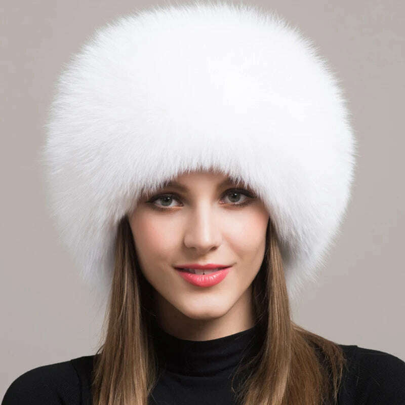 KIMLUD, Women Fur Hat Winter Warm 100% Real Fox Fur Caps Russian Cossack Style Hat For Ladies Fashion Winter Ear Flap Hats Snow Caps, KIMLUD Women's Clothes