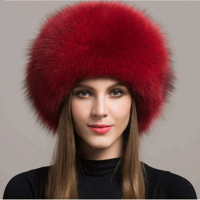 KIMLUD, Women Fur Hat Winter Warm 100% Real Fox Fur Caps Russian Cossack Style Hat For Ladies Fashion Winter Ear Flap Hats Snow Caps, KIMLUD Womens Clothes