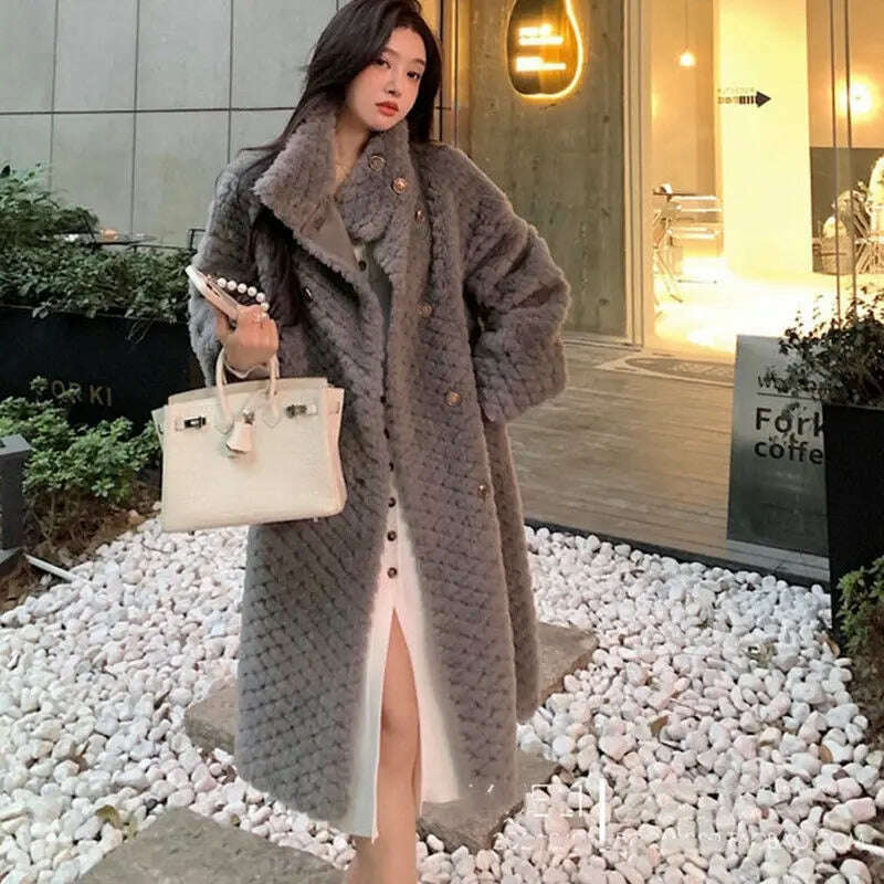 KIMLUD, Women Fur Long Coat 2024 Winter Style Stand Collar Lamb Faux Outwear Loose Thick Luxury Design Overcoat Korean Oversized Jacket, KIMLUD Womens Clothes