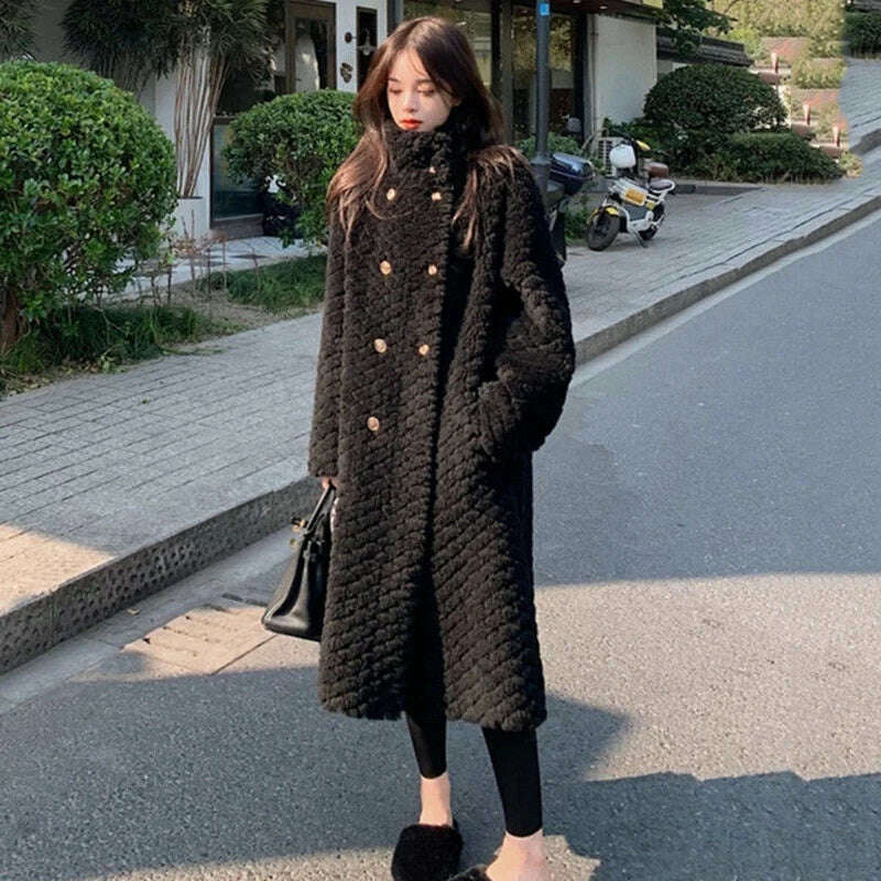 KIMLUD, Women Fur Long Coat 2024 Winter Style Stand Collar Lamb Faux Outwear Loose Thick Luxury Design Overcoat Korean Oversized Jacket, KIMLUD Womens Clothes