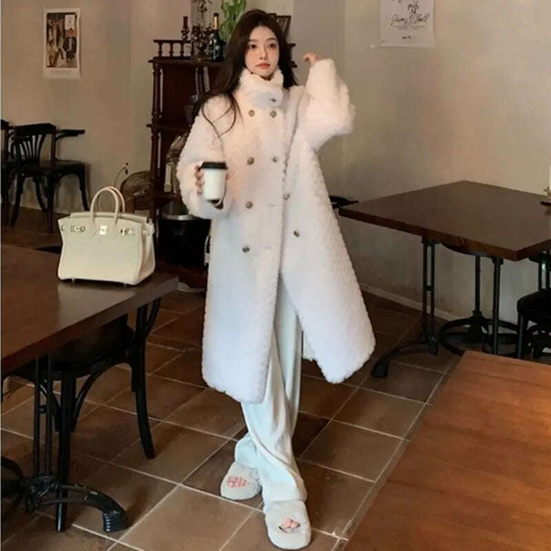 KIMLUD, Women Fur Long Coat 2024 Winter Style Stand Collar Lamb Faux Outwear Loose Thick Luxury Design Overcoat Korean Oversized Jacket, KIMLUD Women's Clothes