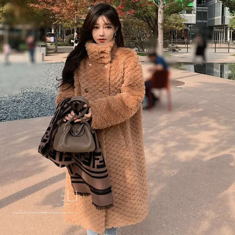 KIMLUD, Women Fur Long Coat 2024 Winter Style Stand Collar Lamb Faux Outwear Loose Thick Luxury Design Overcoat Korean Oversized Jacket, light brown / S  40-52kg / CHINA, KIMLUD Womens Clothes