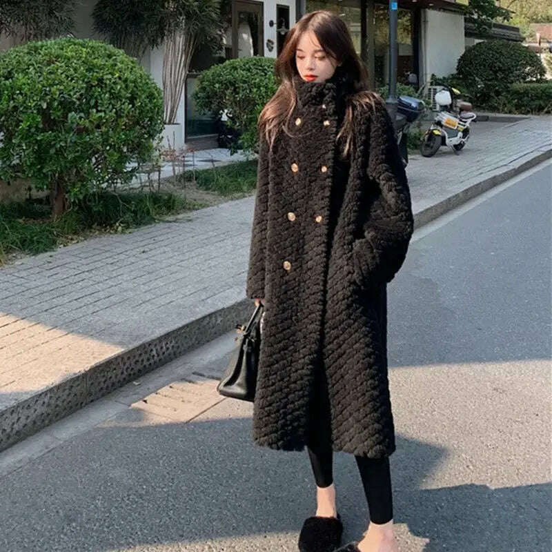 KIMLUD, Women Fur Long Coat 2024 Winter Style Stand Collar Lamb Faux Outwear Loose Thick Luxury Design Overcoat Korean Oversized Jacket, black / S  40-52kg / CHINA, KIMLUD Women's Clothes