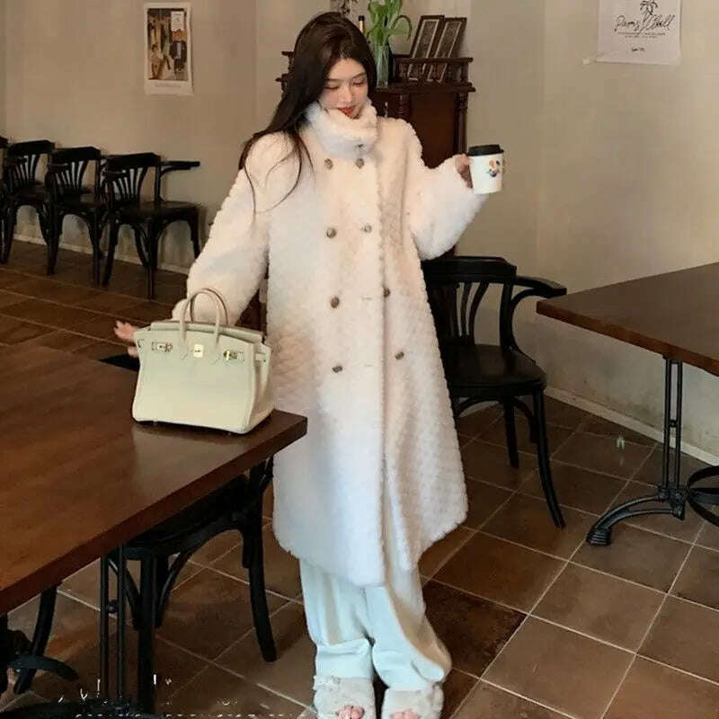 KIMLUD, Women Fur Long Coat 2024 Winter Style Stand Collar Lamb Faux Outwear Loose Thick Luxury Design Overcoat Korean Oversized Jacket, beige / S  40-52kg / CHINA, KIMLUD Women's Clothes