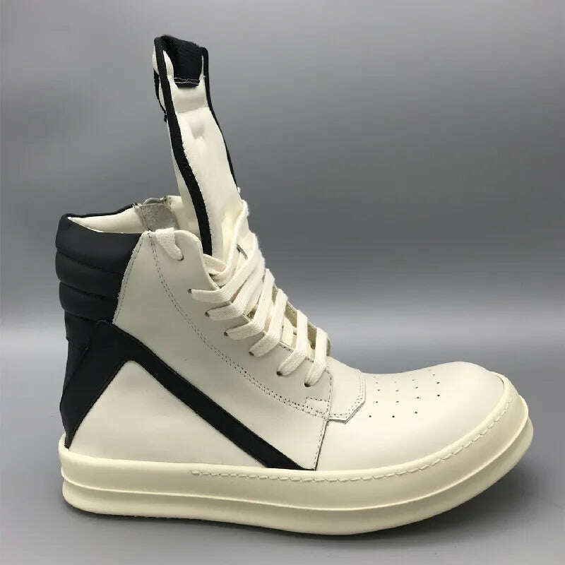 KIMLUD, Women Genuine Leather Motorcycle Boots Popular Street Casual Shoes Man High-top Leather Sneakers Fashion Zippers Running Shoes, white with black / 36, KIMLUD Womens Clothes