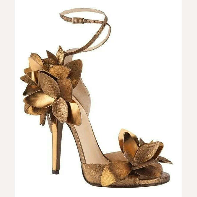 KIMLUD, Women Gold Flowers Stiletto Sandals Summer Black Straps Peep Toe Luxury Designer Leather High Heels Plus Size Party Dress Shoes, as photo / 40, KIMLUD Women's Clothes