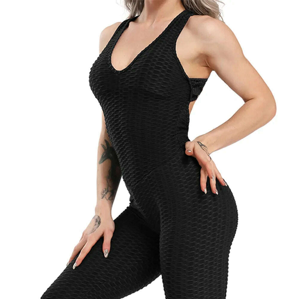 Women Halter Yoga Set Black Activewear Sexy Bandage Sleeveless Jumpsuit Skinny Rompers Solid Elastic Bodycon Fitness Sport Suits, Black / S, KIMLUD Women's Clothes