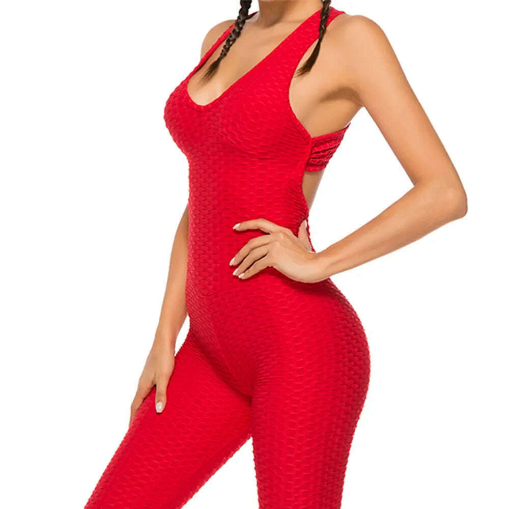 Women Halter Yoga Set Black Activewear Sexy Bandage Sleeveless Jumpsuit Skinny Rompers Solid Elastic Bodycon Fitness Sport Suits, Red / S, KIMLUD Women's Clothes