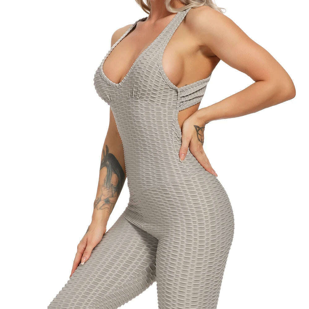 Women Halter Yoga Set Black Activewear Sexy Bandage Sleeveless Jumpsuit Skinny Rompers Solid Elastic Bodycon Fitness Sport Suits, Gray / S, KIMLUD Women's Clothes
