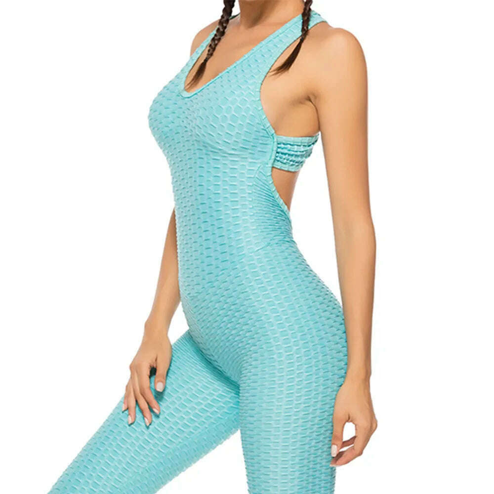 Women Halter Yoga Set Black Activewear Sexy Bandage Sleeveless Jumpsuit Skinny Rompers Solid Elastic Bodycon Fitness Sport Suits, Sky blue / S, KIMLUD Women's Clothes