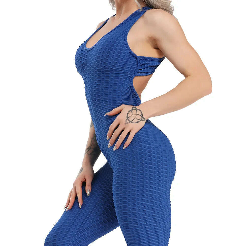 Women Halter Yoga Set Black Activewear Sexy Bandage Sleeveless Jumpsuit Skinny Rompers Solid Elastic Bodycon Fitness Sport Suits, Blue / S, KIMLUD Women's Clothes