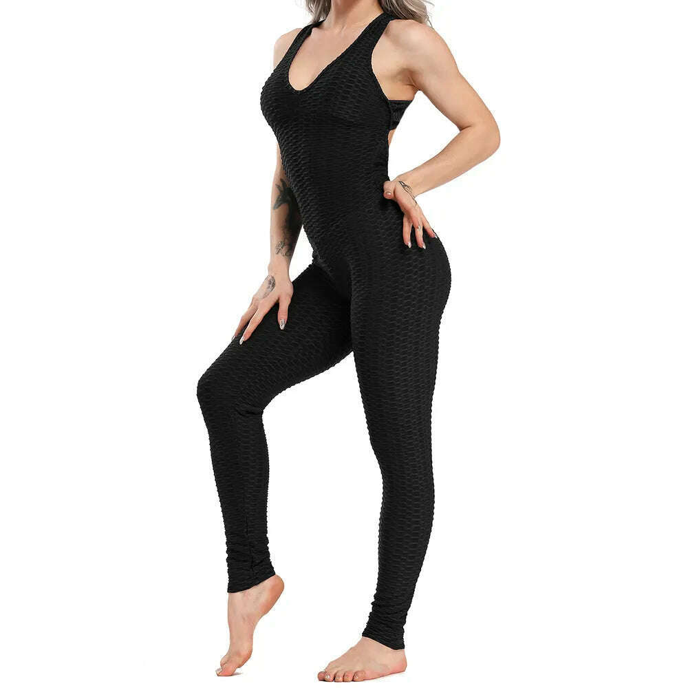 Women Halter Yoga Set Black Activewear Sexy Bandage Sleeveless Jumpsuit Skinny Rompers Solid Elastic Bodycon Fitness Sport Suits - KIMLUD