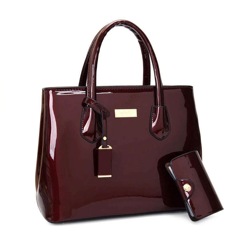 KIMLUD, Women Handbags High Quality Patent Leather Women's Bag Fashion Shoulder bag Luxury Tote bag+card package Designer Messenger Bags, Burgundy, KIMLUD Womens Clothes