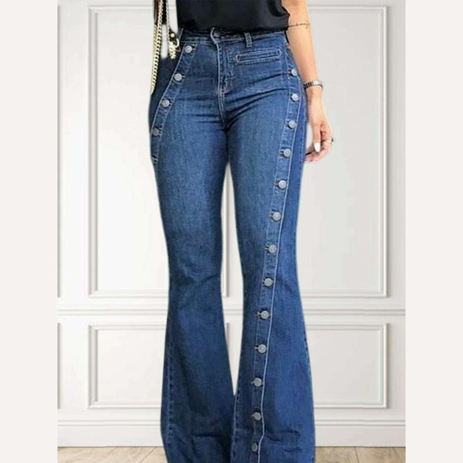 KIMLUD, Women High Jeans Fashion Plain Button Decor Flare Leg Long Denim Pants Vintage Casual Streetwear Female Flare Denim Pants 2023, KIMLUD Womens Clothes