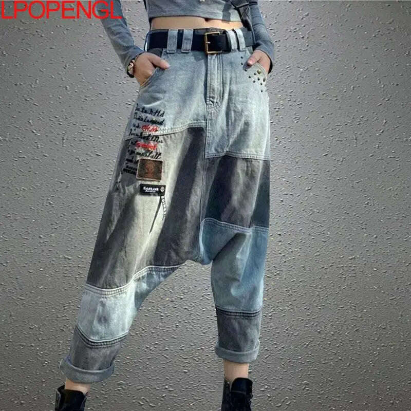 KIMLUD, Women High Waist Chic Nine Points Embroidery Jeans Hip Hop Street Cross-pants Full Length Clothing Boyfriend Washed Pants 2022, KIMLUD Womens Clothes