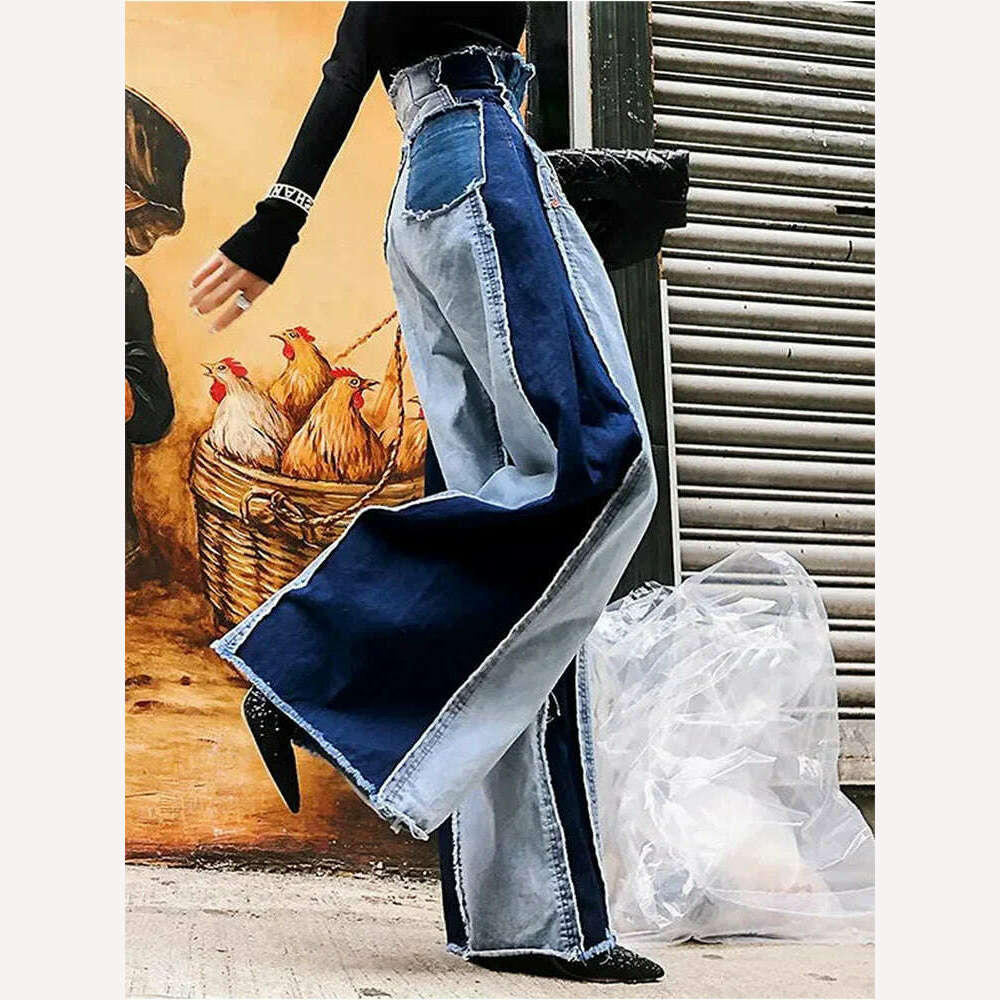 KIMLUD, Women High Waist Jeans Patwork Vintage Streetwear Denim Pants Casual Colorblock Patchwork Raw Trim Wide Leg Denim Jeans Trousers, Blue / L / CHINA, KIMLUD Womens Clothes