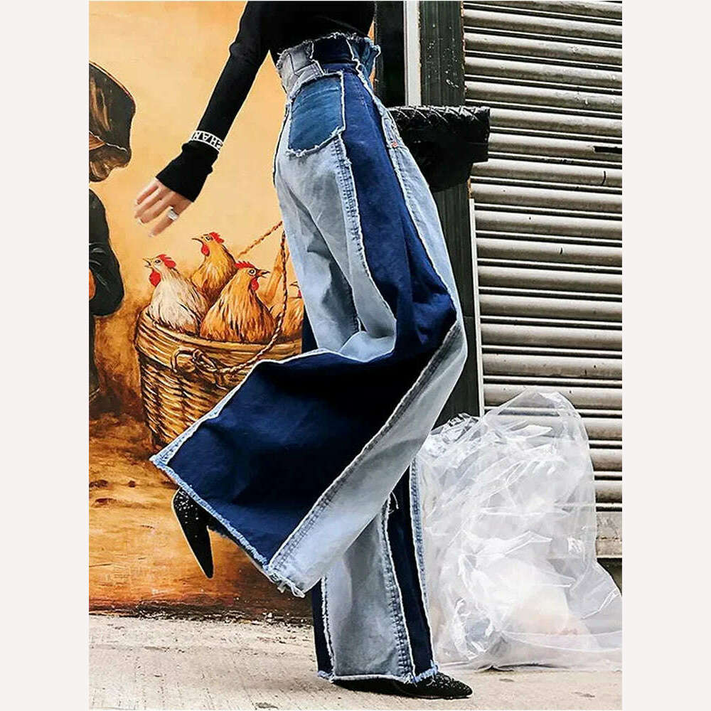 KIMLUD, Women High Waist Jeans Patwork Vintage Streetwear Denim Pants Casual Colorblock Patchwork Raw Trim Wide Leg Denim Jeans Trousers, Blue / XL / CHINA, KIMLUD APPAREL - Womens Clothes