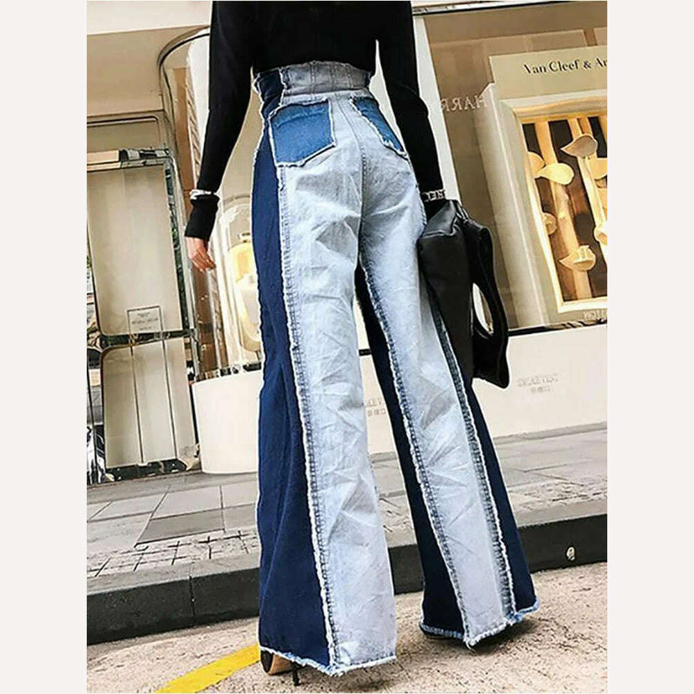 KIMLUD, Women High Waist Jeans Patwork Vintage Streetwear Denim Pants Casual Colorblock Patchwork Raw Trim Wide Leg Denim Jeans Trousers, KIMLUD Womens Clothes