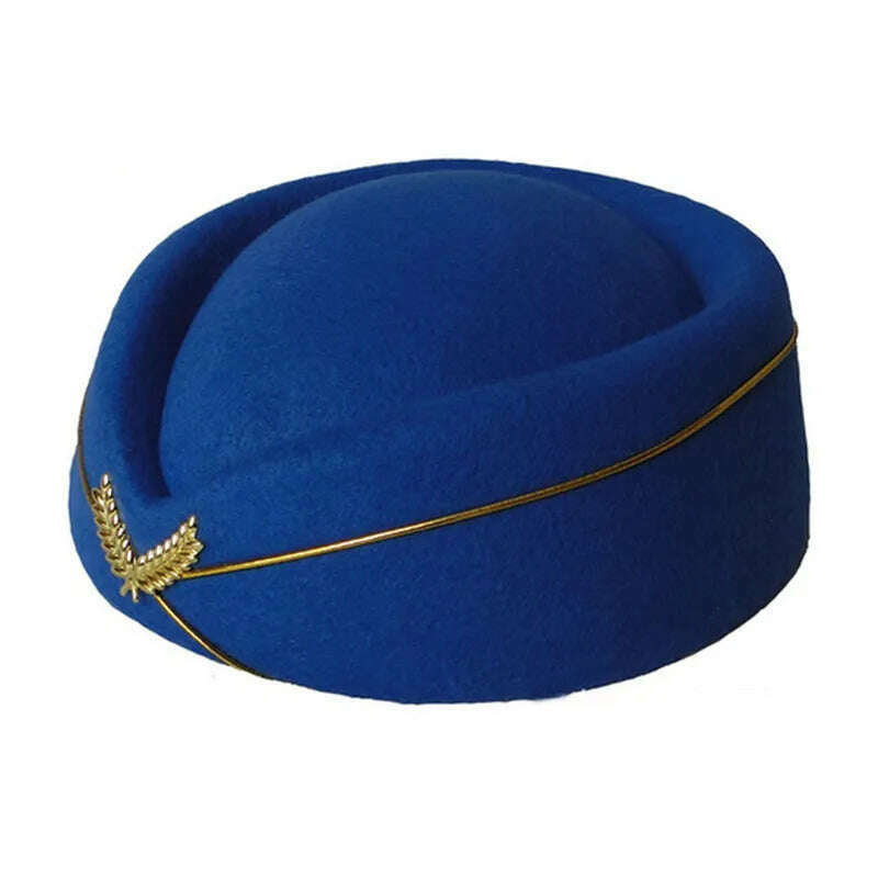 Women Imitation Felt Cap Ladies Pillbox Hats with Gold insignia Solid Beret Stewardess Air Hostesses Hat Base Sweet Fedoras - KIMLUD