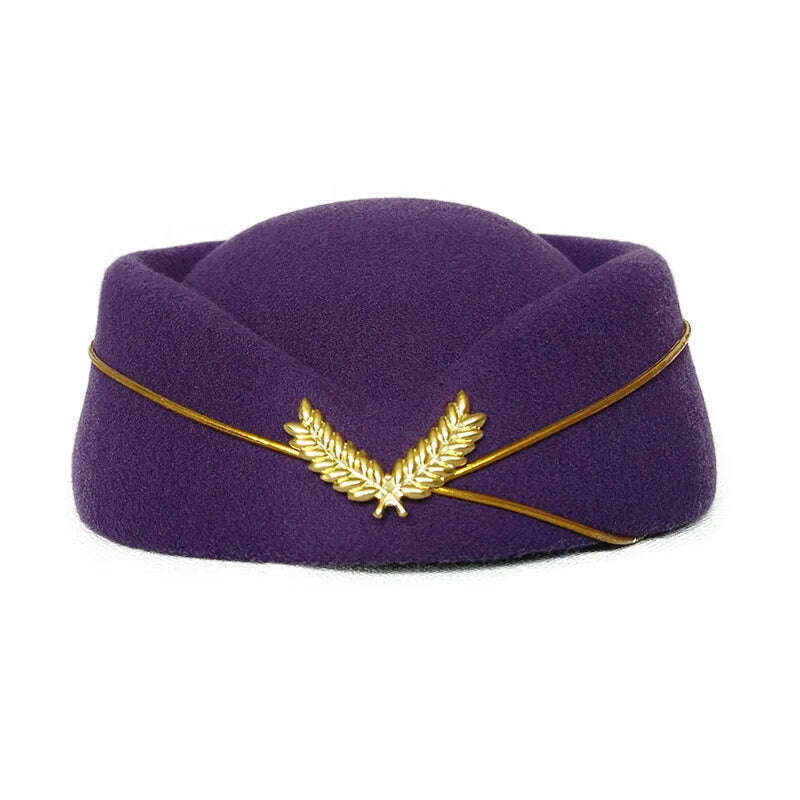 KIMLUD, Women Imitation Felt Cap Ladies Pillbox Hats with Gold insignia Solid Beret Stewardess Air Hostesses Hat Base Sweet Fedoras, Purple / 56-58cm, KIMLUD Womens Clothes